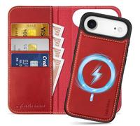 SHIELDON Funda Cuero Genuino Magnético 2 en 1 para iPhone Air 6,5 Pulgadas 5G 2025, Cartera Extraíble Billetera Funda Libro Desmontable Amortiguador, Bloqueo RFID, Rojo Retro