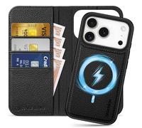 SHIELDON Funda Cuero Genuino para iPhone 17 Pro 6,3 Pulgadas 5G 2025, Funda 2 en 1 Estuche Magnético con Tarjetero [Bloqueo RFID][Función Stand] Capa, Litchi Grano Negro