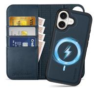 SHIELDON Funda Cuero Genuino Tipo Cartera 2 en 1 para iPhone 17 6,3 Pulgadas 5G 2025, Billetera Funda con Tapa Desmontable [Tarjetero][Bloqueo RFID] Carcasa Libro, Azul Marino