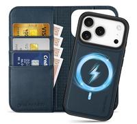 SHIELDON Funda de Cuero Genuino para iPhone 17 Pro 6,3 Pulgadas 5G 2025, Carcasa Tipo Libro Desmontable 2 en 1 con [Carga Inalámbrica] [Ranura para Tarjetas] [Bloqueo RFID] [Soporte ] - Azul Marino