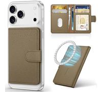 SHIELDON Tarjetero Adhesivo de Cuero Genuino, Grano de Litchi Caqui | Bloqueo RFID, Ranura para Tarjeta, Cartera Magnética Extraíble para iPhone Serie 18/17/16/15/14/13/12