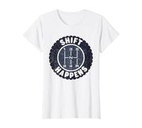 Shift Happens - Rueda de Coche y transmisión Manual de 5 velocidades Divertida Camiseta gráfica económica, Mujer, Blanco, M