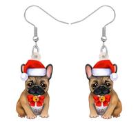 SHIGIE Acrílico Navidad Bonito Bulldog Francés Pendientes Colgante Ligero Papá Noel Sombrero Traje Cachorro Animales Joyería Para Mujeres Niñas Mascotas Amantes (Marrón)