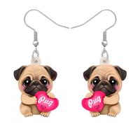 SHIGIE Día de San Valentín Acrílico Adorable Corazón Pug Perro Pendientes Colgante Doughnut Perrito Animales Divertidos Regalos Para Mujeres Niñas Mascotas Amantes (Marrón)