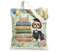 Shih Tzu Dog Congrats Grad - Bolsa de lona para ir de compras de 13 x 15 pulgadas, libro de graduación, bolsa reutilizable con estampado de comestibles para mujeres, clase de 2026, pintura estética de