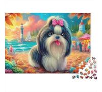 Shih Tzu en la Playa Set De Rompecabezas De Papel CArteeón Premium De 1000 Piezas, Cachorro de Lagoside, Imposible, Difícil, Desafiante, Estrés, Mejor Regalo 70x50cm/1000pcs
