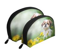Shih Tzu Pequeños Perros Lindos Cachorro Rizado Mascotas Campo, Bolsa de Maquillaje de Concha, Monedero pequeño para Mujer, Bolsa de artículos de tocador, Bolsa de cosméticos, 2 Piezas