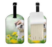 Shih Tzu Pequeños Perros Lindos Cachorros Rizados Mascotas Campo,Etiquetas de equipaje de cuero sintético con nombre, etiquetas de viaje duraderas, 2 unidades