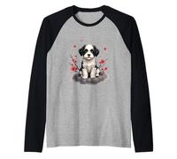 Shih Tzu Puppy Blossom Cloud Ilustración Diseño Camiseta Manga Raglan
