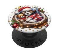 Shih Tzu Puppy In Cozy Dog Bed For Winter White Christmas PopSockets PopGrip Adhesivo