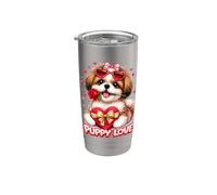 Shih Tzu Puppy Love, lindo amante de los perros de San Valentín, amor por los cachorros Vaso térmico de acero inoxidable de doble pared