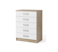 SHIITO - Cómoda Dormitorio - 37,8 x 60 x 108 cm - Sinfonier con 5 Cajones Amplios - Nórdico - Melamina Efecto Roble Cambria y Blanco