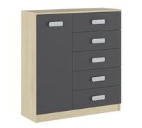 SHIITO | Modelo Chelsea - Comodín de Dormitorio o Salón | Natural y Grafito - 60 x 108 x 60 cm | 1 Puerta y 5 Cajones de Almacenaje