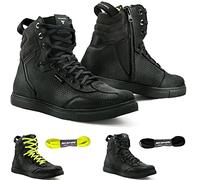 SHIMA Rebel WP, Impermeables Zapatos Moto Hombre - Transpirables, Reforzados Zapatos Moto de Cuero, Soporte para el tobillo, Suela Antideslizante, Mango de Cambio de Marchas (Negro, 43)