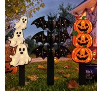 Shimeyao 3 estacas de metal apiladas de Halloween de 15.75 pulgadas con luz al aire libre, calabaza, fantasma, murciélago, decoración de jardín, estacas de patio de Halloween, letreros decorativos