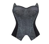 Shimmering Lace Up Trim Bustier Top For Nightlife Parties and Dancewear Sheer Shoulder Bodice with Flexible Stretch and Cat Ear, Faja Moldeadora de Cintura.