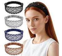 Shimmeroo 4 diademas anchas de encaje bohemio para mujer, diadema de ganchillo extra ancha, diadema elástica recortada, accesorios para el cabello vintage floral para uso diario, varias vacaciones (4