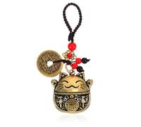 Shimmeroo Abalorio de latón Maneki Neko para monederos, llavero de gato de la suerte con monedas de Feng Shui, colgante de llave de riqueza y buena suerte para riqueza, dijes de buena suerte, borla de