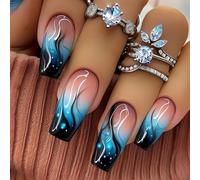 Shimmerz 24 piezas de uñas acrílicas con flama azul degradada de longitud media en forma de ballet para mujeres manicura primavera verano