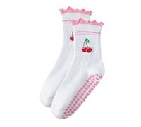 Shimmerz Süße Pilates Griffsocken Rosa Rüschen Frills Yoga Socken Nicht rutschen Baumwolle Langsocken GriffSock für Barre Training (Fruchtkirsche)