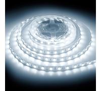 ShineBurky Tira LED 5 Metros Blanco Frío, 12V Luces LED 300LEDs SMD5050 | Luz LED Adhesiva Recortable Strip Light Flexible Cocina Interior Navidad Hoteles DIY Decoración (sin Adaptador)