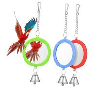 SHINEOFI 3 Piezas Espejos Redondos para Jaula con Campana Juguetes Interactivos para Periquitos Cacatúas y Agapornis Accesorios para Jaulas de Pájaros Pequeños de Rojo Verde Azul