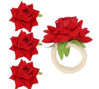 SHINEOFI Anillos de Servilleta Rosas Artificiales Rojas 4 Piezas Servilleteros Decorativos para Restaurante y Fiesta Soporte Floral Reutilizable para Bodas y Eventos
