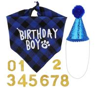 SHINEOFI Conjunto de Cumpleaños para Perro Azul 3 Piezas con Bandana Suave Gorro de Fiesta con Pompón y Babero Decorativo para Mascotas Celebraciones y Fotos de Cumpleaños