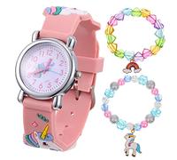 SHINEOFI Conjunto de Pulsera y Reloj Diseño de Unicornio Rosa para Niña Movimiento de Cuarzo y Pulseras de Silicona y Resina para Cumpleaños