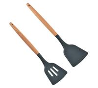 SHINEOFI Espátulas de Silicona para Cocina Mango de Madera, 2 Piezas (espátula Ranurada y Espátula Lisa), Color Gris Oscuro, Utensilios Multiusos Anti-quemaduras para Uso en Restaurante