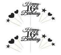 SHINEOFI Juego de 10 Adornos para Tarta Número 16 en Negro Palillos Decorativos con Estrellas y Corazones Brillantes Accesorios Reutilizables para Pasteles de Cumpleaños Adolescentes