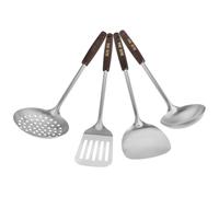 SHINEOFI Juego de 4 Utensilios de Cocina con Mango de Madera Espátula y Cucharón de Acero Inoxidable Cuchara Ranurada Grande para Wok Mango Largo Ergonómico para Uso Doméstico y Cocina