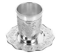 SHINEOFI Juego de Copa de Vino Kiddush Plateada de Aleación con Platillo para Shabat y Pésaj Set de 1 Copa y Bandeja para Celebración Judaica y Festival Accesorio Navideño
