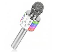 ShinePick Microfono Inalámbrico Karaoke, Micrófono Karaoke Bluetooth Portátil con Altavoz y LED para Niños Canta Partido Musica, Compatible con Android/iOS PC, AUX o Teléfono Inteligente (Plateado)