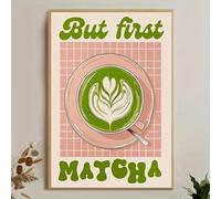 SHINERING Póster De Lienzo Con Arte De Matcha Latte But The First Matcha Con Fondo De Cuadrícula Rosa, Impresiones Artísticas Para La Sala De Estar Y La Decoración Del Hogar. 50X70Cm Sin Marco