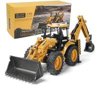SHINESIGNAL Excavadora Bulldozer Juguete 2 en 1 Modelo, 1/50 Metal Retroexcavadora a Fricción Obra, Vehículo de Construcción Transporter Coches Juguete Regalos para Niños de 3 4 5 6 Años -Yellow