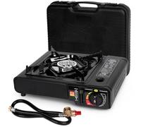 SHINESTAR Estufa de gas portátil de doble combustible para propano y butano, estufa de camping con un solo quemador, manguera adaptadora de propano y funda de transporte incluida, 7800 BTU