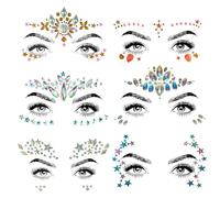 SHINEYES 6 calcomanías faciales de piedras preciosas para festivales de música, fiestas de vacaciones, calcomanías faciales con diamantes de imitación para Halloween, Navidad, tatuaje temporal para