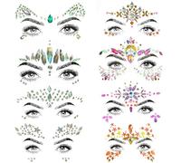 SHINEYES 8 calcomanías faciales de piedras preciosas para festivales de música, fiestas de vacaciones, calcomanías faciales con diamantes de imitación para Halloween, Navidad, tatuaje temporal para