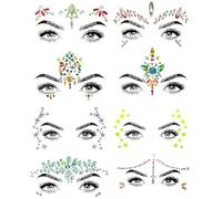 SHINEYES 8 calcomanías faciales de piedras preciosas para festivales de música, fiestas de vacaciones, calcomanías faciales con diamantes de imitación para Halloween, Navidad, tatuaje temporal para