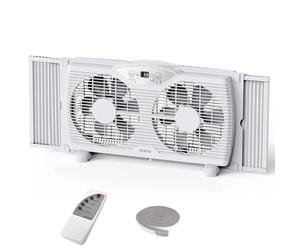 shinic Ventilador de ventana doble con control remoto, cuchillas de 9 pulgadas, flujo de aire reversible, control de termostato, 3 velocidades, 3 funciones, ancho expandible de 23.8 a 37 pulgadas,