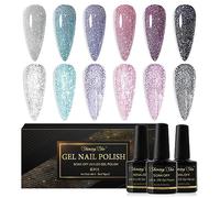 Shining She Esmaltes Semipermanentes de Uñas en Gel UV LED,6 Colores Glitter Plata Verde Rosa Púrpura Negro Pintauñas Semipermanentes para Principiantes Art DIY en Casa,8ML