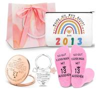 Shining She Regalo de cumpleaños para mujeres, 18 cumpleaños niñas, 30, 40, 50, 60, cumpleaños para mujeres, con bolsa de cosméticos, llavero, calcetines rosas, espejo de maquillaje, regalos