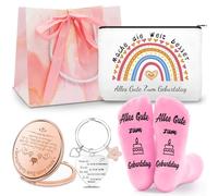 Shining She Regalo de cumpleaños para mujeres, 18 cumpleaños niñas, 30, 40, 50, 60, cumpleaños para mujeres, con bolsa de cosméticos, llavero, calcetines rosas, espejo de maquillaje, regalos