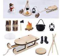 Shining She Weihnachtswichtel-Accesorios, Miniatur-Puppenhaus-Accesorios, Weihnachtsdekorationen mit Holzschlitten Mini-Lagerfeuer Brennholz Kessel Schnee, Miniatur-Garten-Weihnachtsdekoration