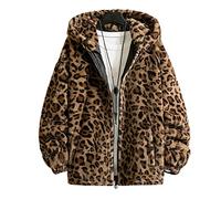 SHINROAD Abrigo de leopardo para hombre Manga larga Bolsillos Cremallera Invierno Espesado Doble cara Chaqueta con capucha Ropa de abrigo Leopardo S