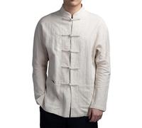 SHINROAD Camisa de cuello mandarín con botones de disco para hombre, estilo chino, manga larga, bolsillos, tradicional, Kung Fu, Tai Chi, Tang, uniforme, beige, talla M