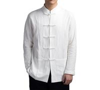 SHINROAD Camisa de cuello mandarín con botones de disco para hombre, estilo chino, manga larga, bolsillos, tradicional, Kung Fu, Tai Chi, Tang, uniforme, blanco, M