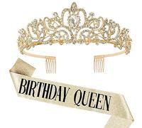 SHINROAD Rhinestone flor corona cinturón mujeres tiara set 2 unids/set coronas de cumpleaños brillantes niñas princesa con peines fiesta dorada, Aleación, diamantes de imitación, Piedra secundaria