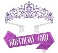 SHINROAD Rhinestone flor corona cinturón mujeres tiara set 2 unids/set coronas de cumpleaños brillantes niñas princesa con peines fiesta violeta, Aleación, diamantes de imitación, Piedra secundaria